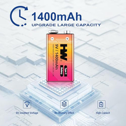 HW 9 Volt Batteries 4 Pack, 1400mAh Rechargeable Lithium Battery 9V with USB C Fast Charging Cable, 1000 Cycles Square Baterias for Smoke Detectors, Fire Alarms, Remote Controls, Clocks and More