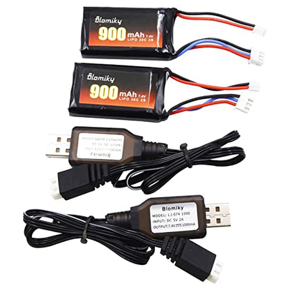 Blomiky 2 Pack 7.4V 850mAh Lipo Rechargeable Battery with PH2.0 Plug and USB Cable Suitable for 1/24 SCX24 RC Truck / SCX24 and USB 2