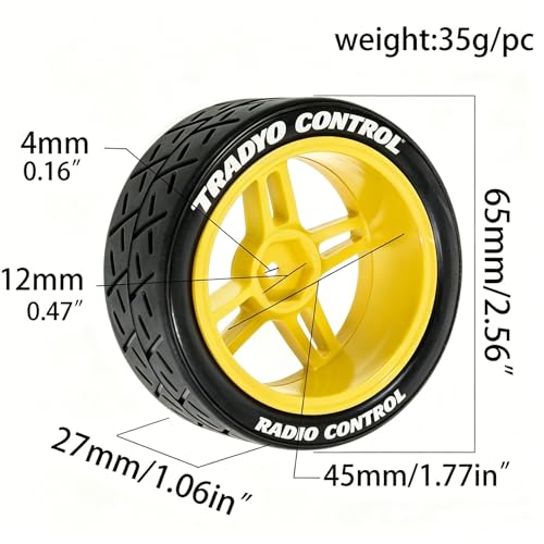 1/10 RC Rally Street Tires OD 65mm with 12mm Hex Hard Plastic Wheels for 1:10 1/12 On Road Drift Touring Car Tamiya TT01 TT02 Traxxas XV02 XV01 TA06 HPI KYOSHO PTG2 A959 4PCS (Yellow) - color: Yellow