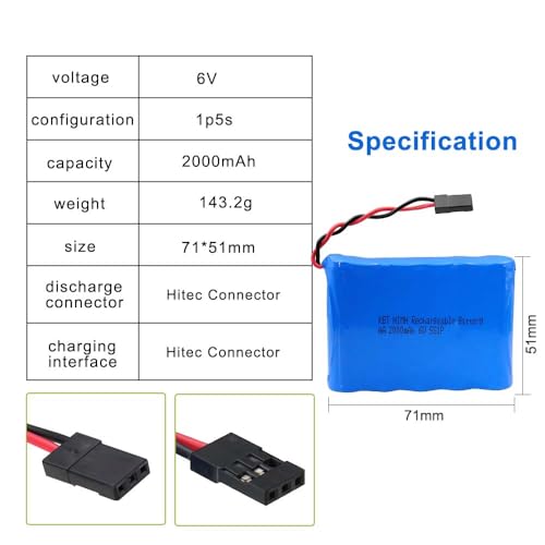 KBT 6V 2000mAh NIMH Rechargeable RC Battery, AA 5S1P High Capacity Side by Side Battery Pack with Hitec Connector for RC Receivers, RC Vehicles, RC Aircrafts, Toys and Tools