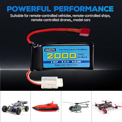 3S Lipo Battery 11.1V 2000mAh 35C with T-Plug and USB Charging Cable for RC Cars,Trucks,RC Ships,RC Drones,Quadcopters,FPV UAV Batteries (1PCS Battery+1 USB)