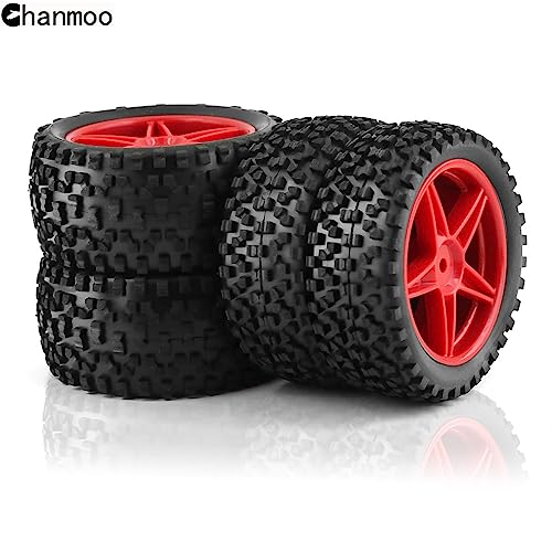 1/10 RC Off Road Tires and Wheels Rims 12mm Hex Set Front and Rear 87mm Rubber Buggy Tyres Foam Inserts for 1:10 Off-Road Car HSP Kyosho HPI Tamiya HSP 94107 94166 94106 94155 4PCS (Red) - color: Red