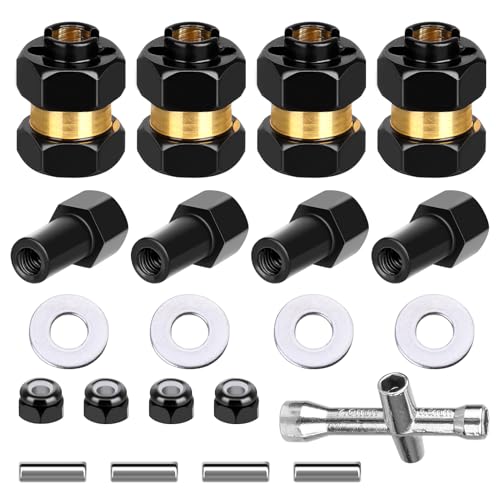 4 Pieces Brass 7mm Hex Extended Wheel Hubs Wheel Spacers Axle Extension Combiner w/Locknuts and Wrench, Compatible with Axial SCX24 1/24 RC Crawler Car