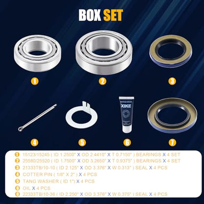 XiKe 25580 25520 & 15123 15245 Trailer Bearings Wheel Hub Kit, 4 Sets | Fits 5,200-6,000 lb Axles, Includes 21333TB/10-10 Seal, 22333TB/10-36 Seal and Cotter Pin - size: 25580/20 ＆ 15123/245 + Seal ID 2.125'' ＆ 2.250'', style: Pack 4 Set