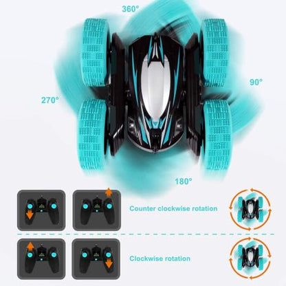 Remote Control Car: Double Sided 360°Rotating 4WD RC Cars 2.4GHz Electric Race Stunt Toy Car Rechargeable Toy Cars for 6 7 8 9 10 11 12 Year Old Boys Girls Kids Christmas Birthday Gifts Cyan - color: Cyan