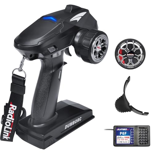 DUMBORC X4 2.4GHz 4-Channel RC Radio Transmitter and X6F Receiver&Alloy Steering Wheel with Fail-Safe & Low Voltage Alarm Function Mixed Mode for Rc Vehicle Car Boat Tank Model Parts Remote Controller