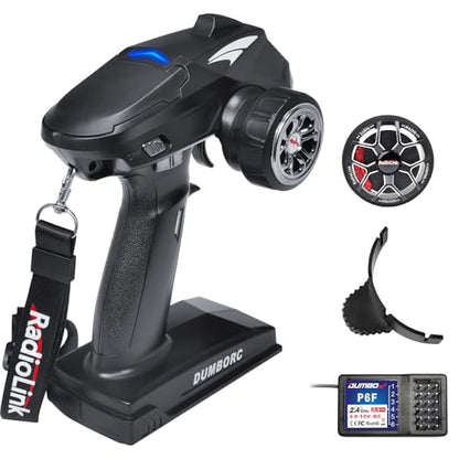 DUMBORC X4 2.4GHz 4-Channel RC Radio Transmitter and X6F Receiver&Alloy Steering Wheel with Fail-Safe & Low Voltage Alarm Function Mixed Mode for Rc Vehicle Car Boat Tank Model Parts Remote Controller