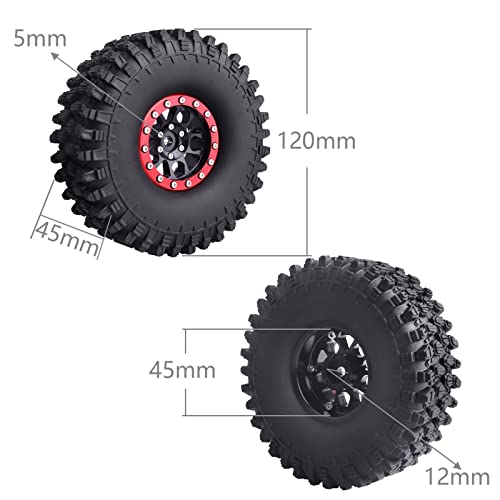 HobbyPark 1.9 Beadlock Wheels and Tires Height 4.72inch 120mm Soft Rubber Good Grip, Mounting Tool for TRX4 Axial SCX10 II III Redcat Gen8 Gen7 1/10 RC Crawler w/Foam,Set of 4 (Red Rings) - color: Red Rings