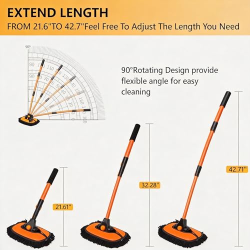 43'' Car Wash Brush with Long Handle Chenille Microfiber Car Wash Kit Mitt Retractable Bent Pole Car Wash Mop for Cars RV Truck Boat (Orange-1) - color: Orange-1