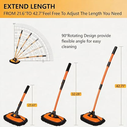 43'' Car Wash Brush with Long Handle Chenille Microfiber Car Wash Kit Mitt Retractable Bent Pole Car Wash Mop for Cars RV Truck Boat (Orange-1) - color: Orange-1