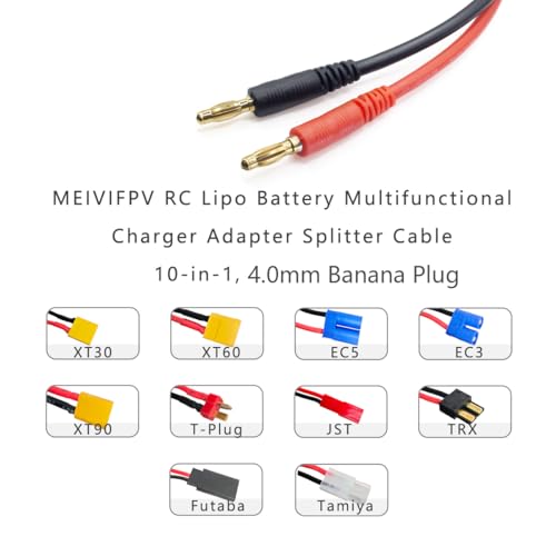 MEIVIFPV RC Battery Charger Adapter Leads 10 in 1 Multi Splitter Connector Wire Cable with 4.0mm Banana Plug for TRX, T-Plug, Tamiya,Futaba, JST, XT90,XT60,XT30,EC3,EC5