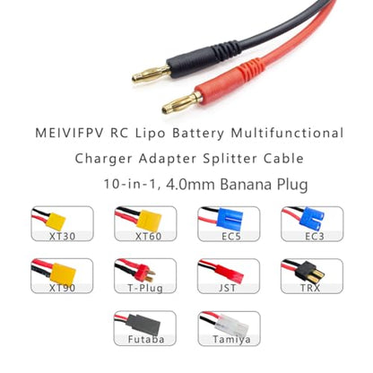 MEIVIFPV RC Battery Charger Adapter Leads 10 in 1 Multi Splitter Connector Wire Cable with 4.0mm Banana Plug for TRX, T-Plug, Tamiya,Futaba, JST, XT90,XT60,XT30,EC3,EC5