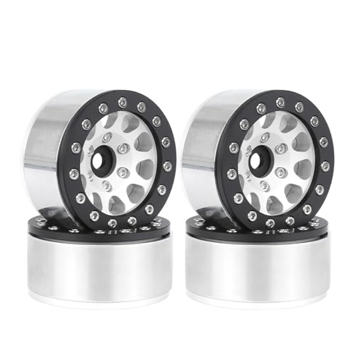 4PCS 1.55 Inch Aluminum Alloy Metal 10Holes Beadlock Wheel Rim Hubs Replacement Accessory for Tamiya AX90069 D90 TF2 CC01 CC02 1/10 RC Crawler Car Upgrade Parts (Black Silver) - color: Black Silver