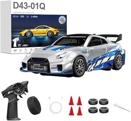 D43-02 1:43 Scale 2.4G Full Proportional 4WD Alloy RC Drift Car with Gyro System, Silent Bearings, Adjustable Speed & LED Lights for Adults, High Speed Remote Control Racing Car - color: Q5/Liquid Silver, size: D43-02