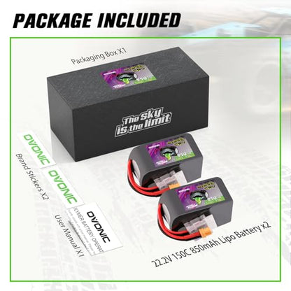 OVONIC 6S Lipo Battery150C 850mAh 22.2V Lipo Battery with XT30 Connector for RC Racing FPV Drone Helicopter Quadcopter Airplane (2 Pack)