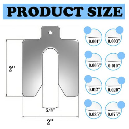 40 Pcs 304 Stainless Steel Slotted Shim Kit,8 Different thicknesses, 5 Pcs of Each Thickness (2" X 2")