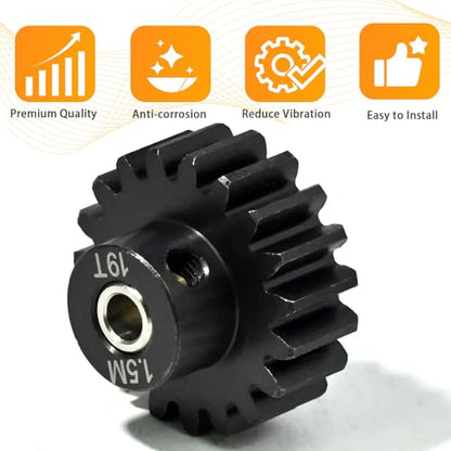 M1.5 19T Pinion Gear 8mm Bore with 8mm to 5mm Shaft Adapter Sleeve, Chromium Steel Motor Gear with Set Screw & Hex Key for Traxxas ARRMA Losi 1/5 1/8 RC Cars - size: 19T