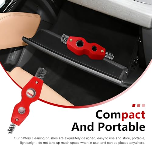 2 PCS Car Battery Terminal Cleaning Brush, 4-in-1 Battery Post Cleaner Brush with Steel Wire, Cleaning Tool for Terminals and Pipes, Universal for Most Cars, Trucks, SUVs (Red) - color: Red