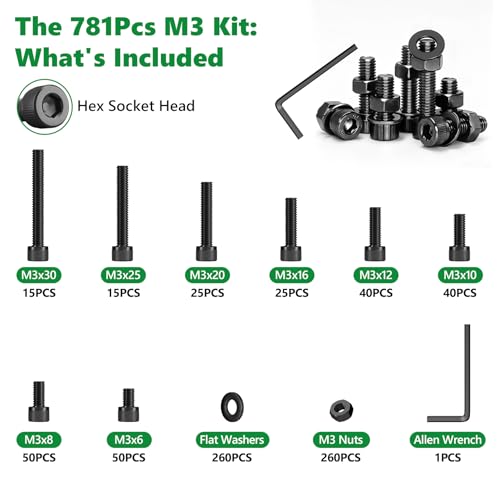 781PCS M3 Screw Assortment Kit, 12.9 Alloy Steel Hex Socket Cap Bolts | M3 X 6/8/10/12/16/20/25/30mm,With Nuts & Flat Washers & Lock Washers & Wrench, Black Zinc Plated ,for 3D Printing, DIY, Home - size: M3 781pcs 3