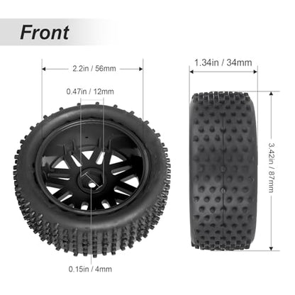 Hobbypark (4-Pack) 1/10 Scale Off Road Buggy Tires & Wheel Rims Set Front and Rear 12mm Hex Hubs with Foam Inserts for RC Hobby Car