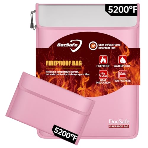 DocSafe Fireproof Document Bag (5200℉) with Fireproof Organizer Travel Case,Heat Insulated Fire＆Water Resistant 8 Layers Safe Money Bag Storage for Important Documents,Cash,Power Bank,Valuables,Pink - color: Pink