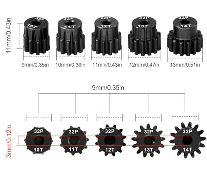 OGRC 3.175mm 32P Pinion Gears 10T 11T 12T 13T 14T for Traxxas 1/10 RC Car | Steel Hardened, 0.8M, Fits 550, 540, 3650 Series Motors, for Arrma HSP HPI AXIAL Tamiya Losi RC Car