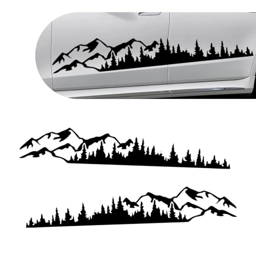 2 PCSCar Mountain Tree Forest Decals, 39.4" x 6.7" Mountain Tree Graphic Stickers, Waterproof Car Body Side Door Truck Tailgate Exterior Decoration, Universal for Cars SUVs Off-Roads (Black)