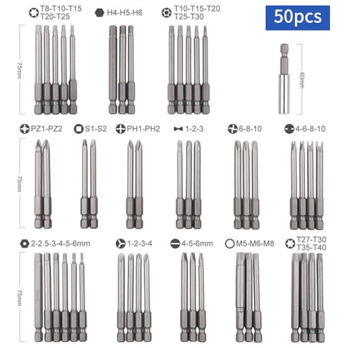 50Pcs Extra Long Security Bit Set,Screwdriver Bit Set, Extra Long Magnetic Driver Kit CR-V ABS Screwdriver Bit, Square Flat Hex Spline Clutch Torq Multi Sizes Screwdriver Bits