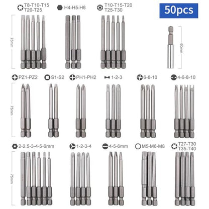 50Pcs Extra Long Security Bit Set,Screwdriver Bit Set, Extra Long Magnetic Driver Kit CR-V ABS Screwdriver Bit, Square Flat Hex Spline Clutch Torq Multi Sizes Screwdriver Bits