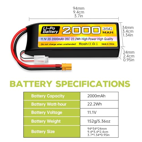 sea jump 3S Lipo Battery 11.1V 2000mAh 35C with XT30 Plug and USB Charging Cable Suitable for RC Car, Truck, RC Boat, Quadcopter Aircraft, FPV Drone Battery