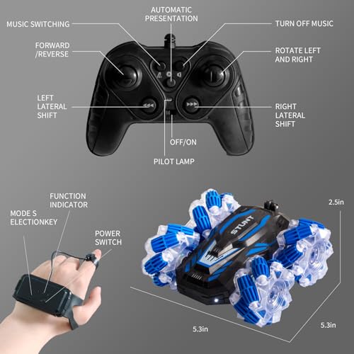 Remote Control Car, Gesture Sensing RC Stunt Car, Double Sided flip | Gesture Sensing RC Stunt Car with Cool Lights and Music, Birthday Present Toys Car for Boys Aged 5-12 - color: Light Blue