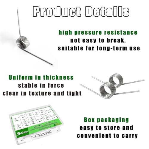 50Pcs Torsional Springs Assortment Kit 15 Sizes 304 Stainless Steel,45/90/120 Degree for Home Repairs & DIY Springs Assortment
