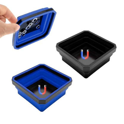 2PCS Collapsible Magnetic Parts Tray, 4.5" Square Silicone Tool Tray with Double-Sided Magnetic Base, Foldable Bowls Small Metal Parts Holder for Screws Bolts Nuts Washers (Black+Blue) - color: Black+Blue, size: 2PCS