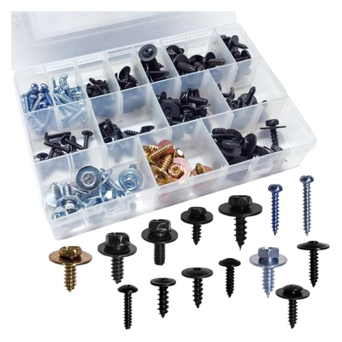 160PCS 14 Sizes Metal Car Screws, Automotive Phillips Round Head Self-Tapping Bumper Hood Retainer Clip Assortment, Universal Vehicle Body Fastener Kit for Liner Splash Shield (Black)