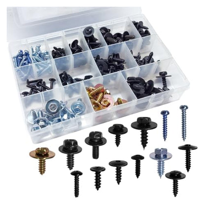 160PCS 14 Sizes Metal Car Screws, Automotive Phillips Round Head Self-Tapping Bumper Hood Retainer Clip Assortment, Universal Vehicle Body Fastener Kit for Liner Splash Shield (Black)