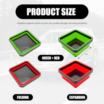 2PCS Collapsible Magnetic Parts Tray, 4.5" Square Silicone Tool Tray with Double-Sided Magnetic Base, Foldable Bowls Small Metal Parts Holder for Screws Bolts Nuts Washers(Green+Red) - color: Green+Red, size: 2PCS