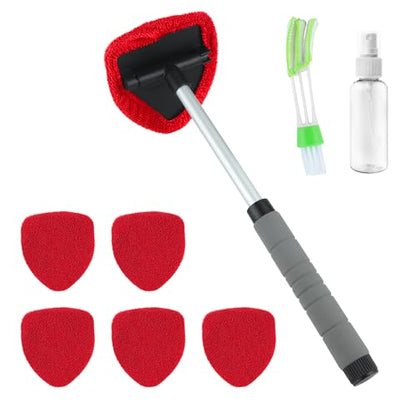 8 Pcs Car Window Cleaner Kit Triangle Shape Include Windshield Cleaning Tool with Extendable Handle 5 Microfiber Bonnets 1 Car Ventilation Brush 1 Empty 50ml Spray Bottle Glass Wiper Kits, Red - color: Red