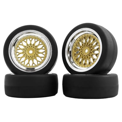 4-Pack RC 1/10 Scale On Road Slick Tires OD2.55 Rubber Wheel Rims 12mm Hex Compatible with Traxxas 4 Tec 2.0 Tamiya TT01 XV01 Kyosho WR8 Sakura WLtoys HPI Touring Racing Car (Gold)