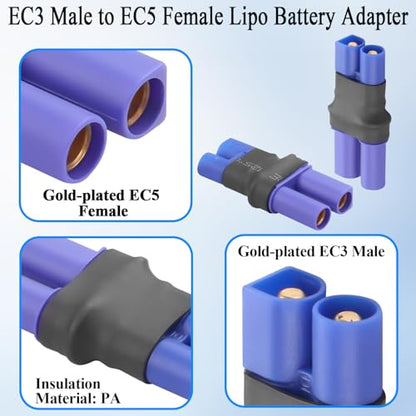 QIANRENON EC3 to EC5 RC Battery ESC Adapter 25A EC3 Male to EC5 Female Lithium Battery Connector Gold Plated EC3 Plug to EC5 Socket Converter, for Model Airplane Lipo Battery Drone, 2Pcs