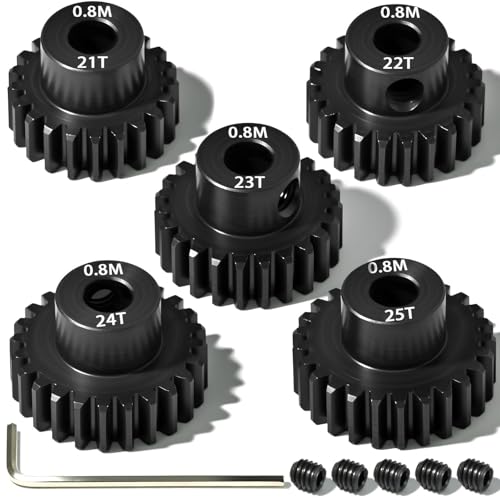 5Pcs 0.8M Hardened Steel Pinion Gear Set 5mm Shaft 21T 22T 23T 24T 25T Motor Pinion Gear with M4 Screw and Hex Key, for Arrma HPI Kyosho Losi Axial Traxxas Tamiya 1/10 RC Car and 540/550 Motors - size: 0.8M-5mm-21-25T