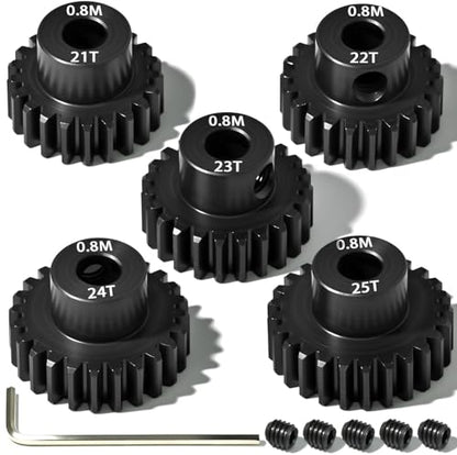 5Pcs 0.8M Hardened Steel Pinion Gear Set 5mm Shaft 21T 22T 23T 24T 25T Motor Pinion Gear with M4 Screw and Hex Key, for Arrma HPI Kyosho Losi Axial Traxxas Tamiya 1/10 RC Car and 540/550 Motors - size: 0.8M-5mm-21-25T