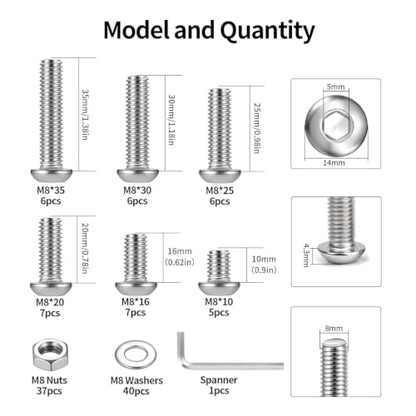 115 Pcs M8 Screws Assortment Kit, Metric Nuts and Bolts Assortment Kit, Hex Socket Button Head Cap Screw Bolts and Nuts Kits, Hex Socket Screw Set, Machine Screws Set, with Spanner(Silver) - size: M8