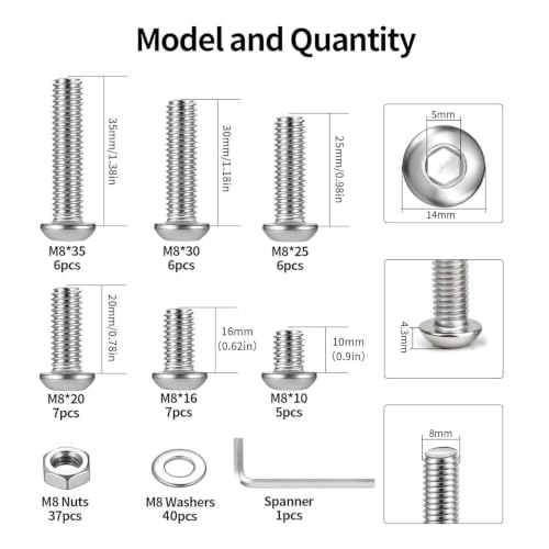 115 Pcs M8 Screws Assortment Kit, Metric Nuts and Bolts Assortment Kit, Hex Socket Button Head Cap Screw Bolts and Nuts Kits, Hex Socket Screw Set, Machine Screws Set, with Spanner(Silver) - size: M8
