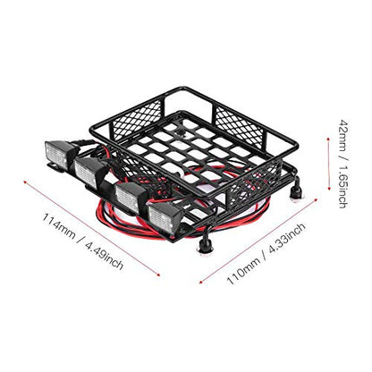 RC Car Roof Rack, Small Size Roof Rack Luggage Carrier with 4 Quadrate LED Lights for Axial SCX10 1/10 Remote Control Crawler Car(4 White Light Color)