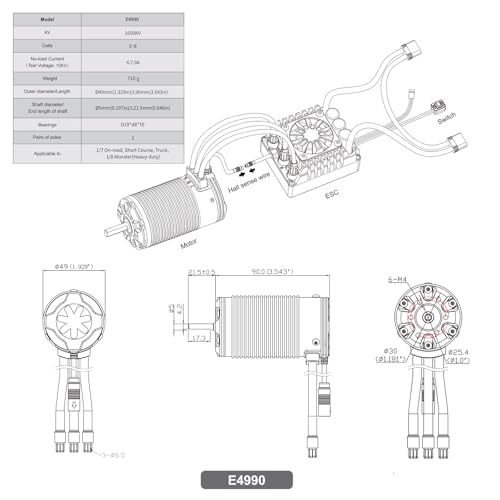 XC E4990 Sensored Brushless Motor for RC Car,3-8S Lipo 1650KV,IP67 Water Proof,Applicable to:1/6 1/7 On-Road,Short Course Monster