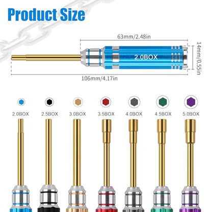 7PCS Colorful Handle Hex Nut Driver Tool Set 2.0 2.5 3.0 3.5 4.0 4.5 5.0mm | Short RC Repair Kit for 1/18 1/24 RC Crawler SCX24 TRX4M AX24