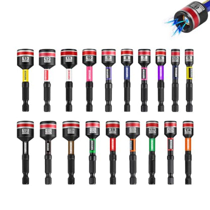 Impact Nut Driver Set, 19PC 2.56In Long 1/4 to 1/2 & 5mm to 13mm Magnetic Metric&SAE Nut Setter Set, 6 Point Alloy Steel 1/4” Hex Shank Impact Driver Stored in Portable Storage Cases - size: 2.56", style: 2.56"-S&M