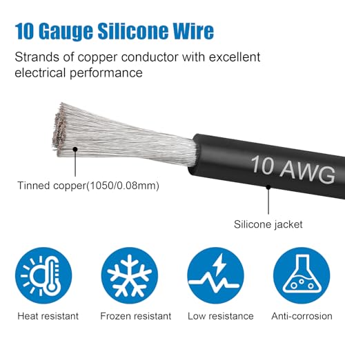 10 Gauge Silicone Wire (2 PCS) 10 FT Red + 10 FT Black Tinned Copper Core, Flexible 10 AWG High Temp Wire for Battery, Automotive, Solar, RC Car, Drones etc. - size: 10 AWG 10FT