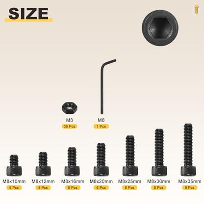METALLIXITY Hex Socket Head Screws Kit (M8) 70Pcs, Bolt and Nut Assortment Kit, Black - size: M8x10/12/16/25/30/35mm