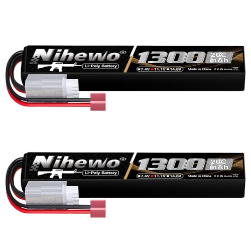 Airsoft Battery 11.1V 1300mAh 20C T Plug 2pcs for Airsoft Gun/Rifle | 11.1V Lipo Battery Airsoft 3S 1300mAh 20C Rechargeable Soft Case Lipo Battery with Dean T Plug for AEG Airsoft Guns/Rifles